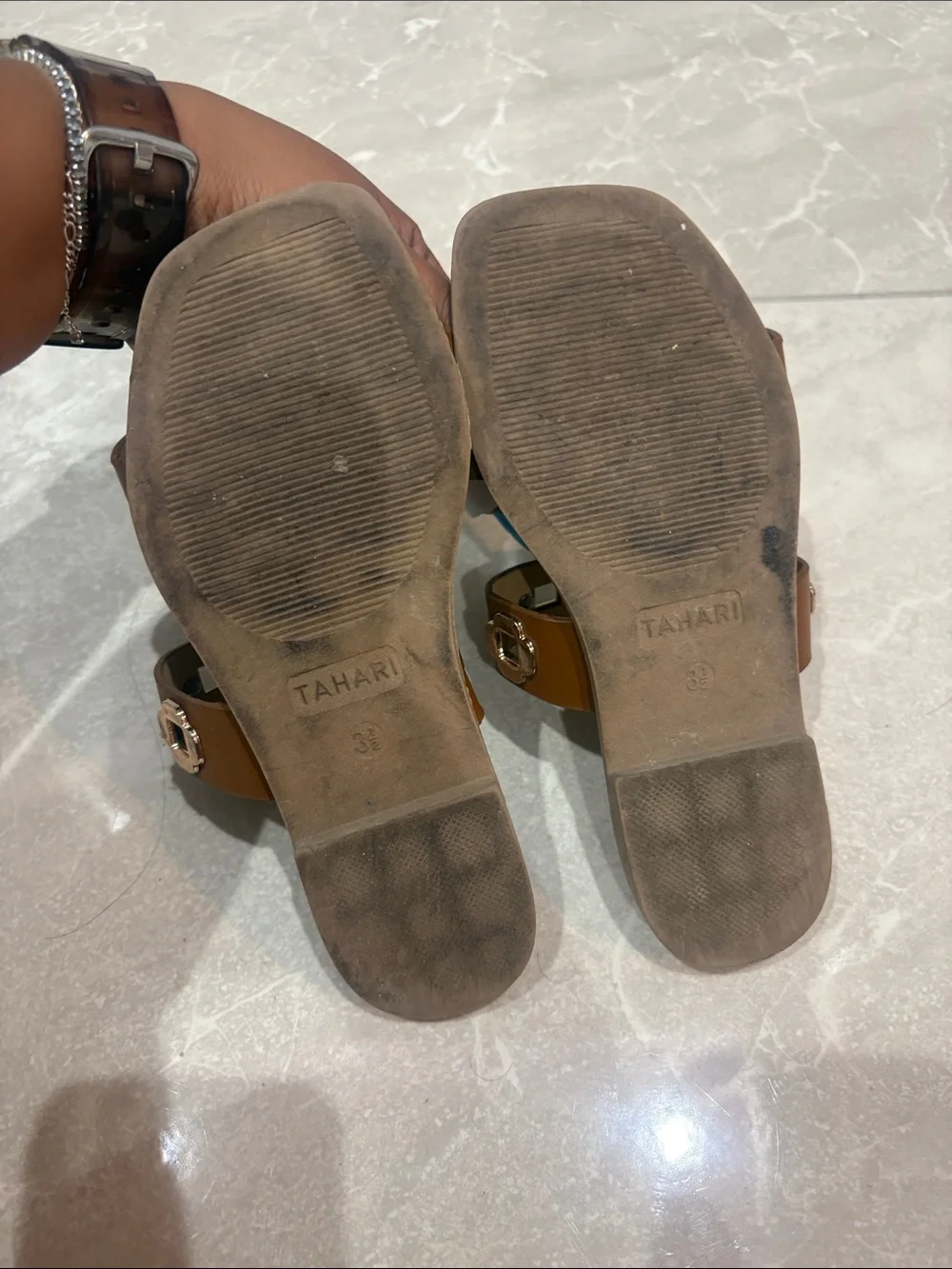 Tahari Brown Double-Strap Studded Slide Sandals